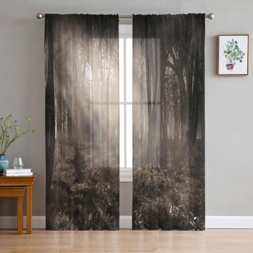 Light Dark Horror Foggy Forest Tulle Sheer Window Curtains for Living Room Kitchen Children Bedroom Voile Hanging Curtain