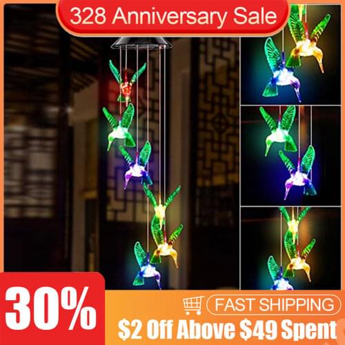 LED Colorful Wind Chime Solar Power Lamp Waterproof Outdoor Crystal Hummingbird Butterfly Windchime Solar Light for Garden Decor