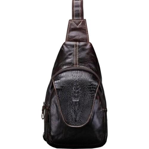 Vintage Men Leather Sling Day Pack Chest Bag Crocodile Grain Pattern Travel Riding Shoulder Cross Body Messenger Bags
