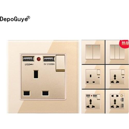 Depoguye 13A UK socket with USB socket, EU standard international gold glass panel light switch, embedded with LED power socket