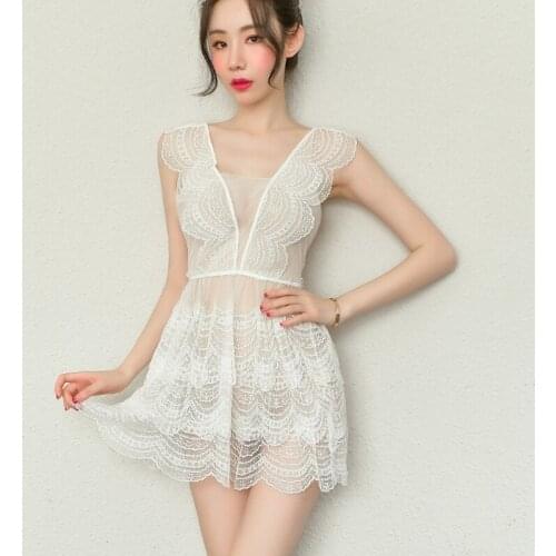 Yhotmeng nightdress Women sling sleepwear Lingerie Deep V Lotus leaf skirt underwear backless lace fairy skirt home service