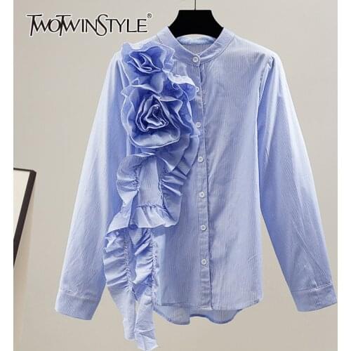 TWOTWINSTYLE Patchwork Floral White Shirt For Women Stand Collar Long Sleeve Loose Solid Button Through Blouse Female Clothing
