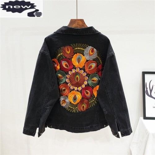 Harajuku Denim Coat Women Vintage Embroidery Loose Single Breasted Cowgirl Jacket 2021 New Black Blue Casual Boyfriend Outerwear