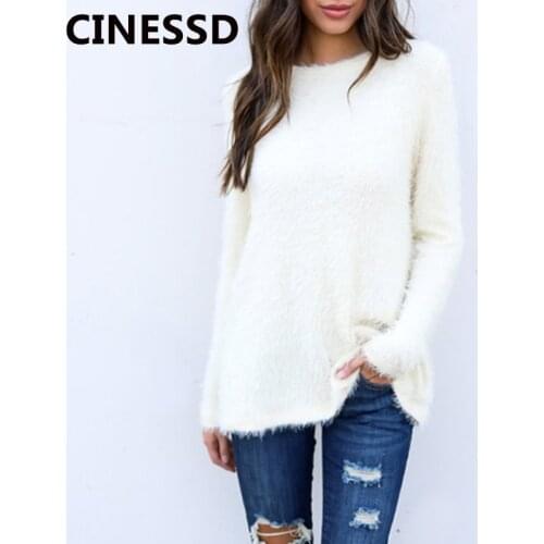 CINESSD Women Knitted Tops Sweaters White Round Neck Long Sleeves Solid Pullover Tunic Loose Wool Knitwear Sweaters Tee Shirts