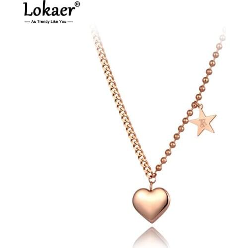 Lokaer Titanium Stainless Steel Love Heart & Star Charm Pendant Necklaces Trendy Bohemia Choker Necklace For Women Girls N20117