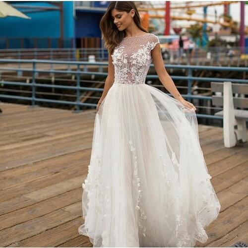 Cap Sleeve A-line Wedding Dresses Backless Lace Appliques Bridal Gown Robe De Mariage Wedding Gown Vestido De Noiva 2021