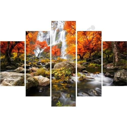Diamond Embroidery Natural Waterfall Landscape Diamond Art 5D Diamond 5 Piece Painting Full Square/Round Red Maple Tree FF4023