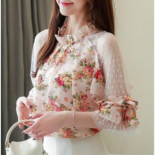 Blusas Mujer 2021 Summer Women Tops and Blouses Camisas Mujer Floral Print Lace Chiffon Blouse Fashion Chic Women Shirts 4068
