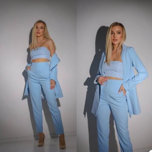 Double Breasted Women Suits Blue Loose Fashion Pocket Blazer Office Lady Party Daily Casual Coat 2 Pieces