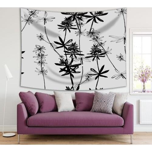 Tapestry Flower Plants Blossoms Leaves in Summer Garden Oriental Vintage Monochrome Artwork Gray Black