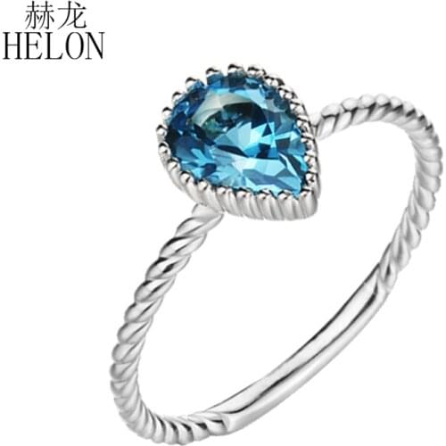 HELON Solid 14k White Gold AU585 Flawless Pear 5x7mm Genuine Blue Topaz Engagement Wedding Ring Women Gift Party Fine Jewelry
