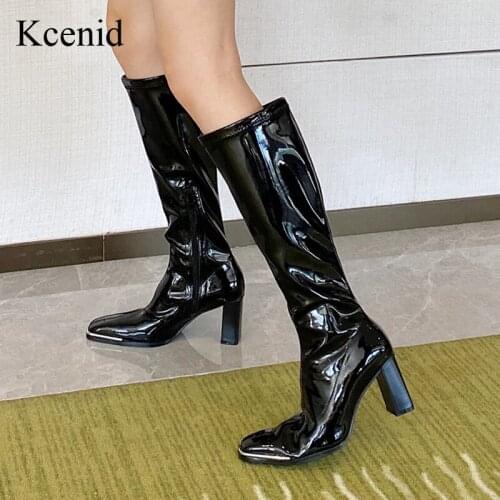 Kcenid Womens winter boots fashion patent leather square toe knee high boots autumn zipper thick heel shoes female botas mujer