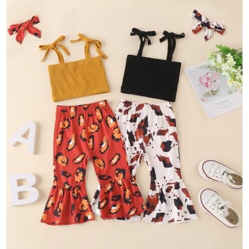 0-24M Summer Baby Girls Clothes Sets 3pcs Strap Solid Vest Tops Printed Flare Pants Headband