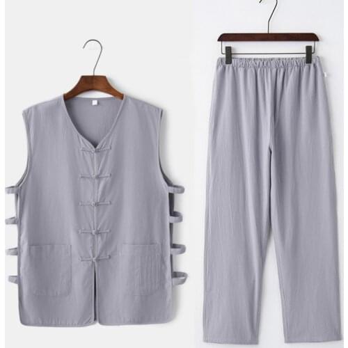 Mens Cotton Linen Kung Fu Suit male Sleeveless Wagoner Undershirt+Long Pants Sets Chinese Tang Suit Tai Chi Uniform