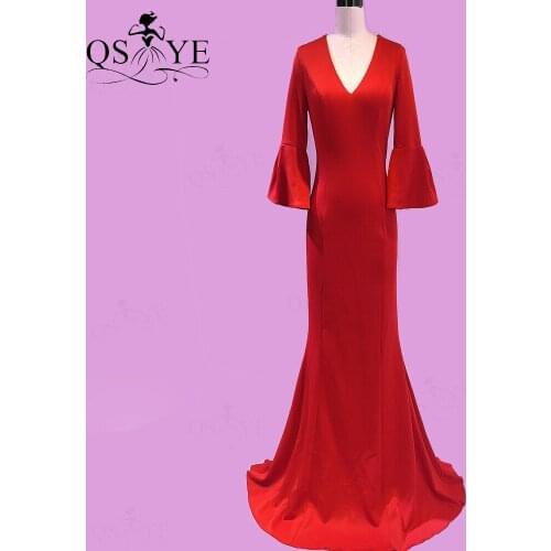 Red Mermaid Evening Dresses Elastic Flare Long Sleeves Prom Gown Simple Deep V Neck Formal Party Gown Decent Conservative Gown