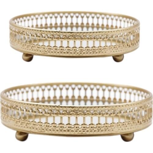 Golden Iron Jewelry Storage Tray Glass Mirror Makeup Manager Desktop Cosmetic Dessert Decorative Display Tray