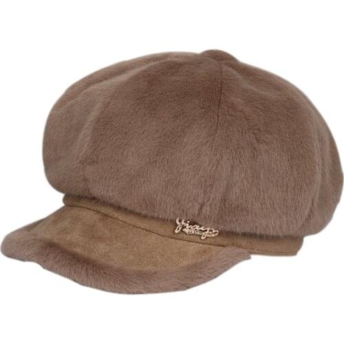 New Hat for Womens Autumn and Winter Warm Imitation Mink Octagonal Cap Casual Versatile Student Warm Plush Curved Brim Cap