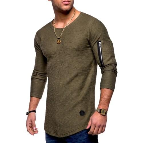 Autumn Solid Man T-shirt New Casual Arm Zipper Design Tees Shirts Top O-Neck Long Sleeve Men Fitness T Shirt