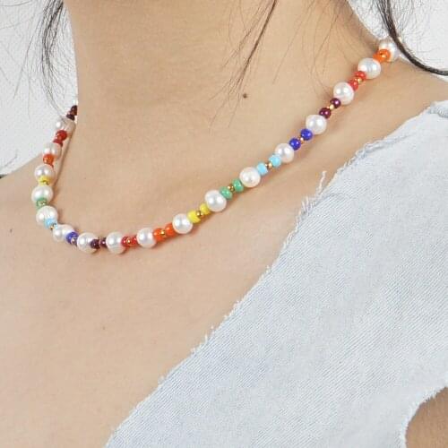 Natural Freshwater Pearl Bohemian Beach Style Colorful Rice Bead Woven Handmade Jewelry Choker Necklace Pearl Necklace