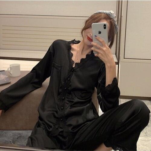 Pajama Sets Women Spring Long Sleeve V-neck Satin Lace Sleepwear Black Sexy Thin Womens Silk Elegant Stylish Solid 2pcs Korean