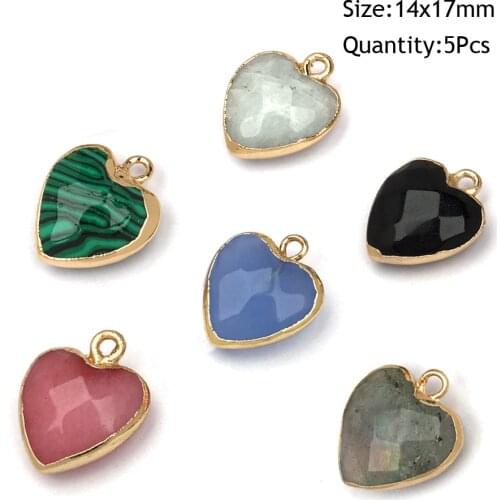 Natural Semi-precious Stone Pendant Heart Shape Turquoises Labradorite Charms Pendants for Jewelry Making DIY Necklaces 5Pcs