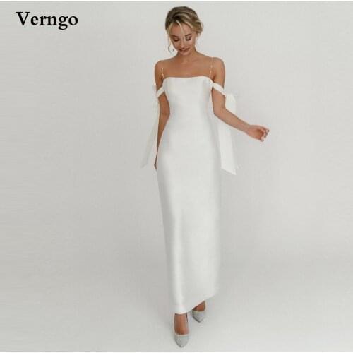 Verngo Simple White Strapless Wedding Party Dresses With Bow Tie Shoulder Ankle Length Formal Dress Buttons Back Bride Gown