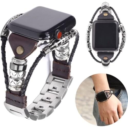 Stainless Steel Leather Watch Band for Apple Watch 6 SE 4 3 38mm 42mm Bracelet Strap for Iwatch 5 40mm 44mm Retro Genuine Straps