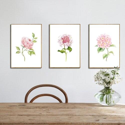 Modern Watercolor Canvas Art Print Painting of Chinese Rose,Hydrangea Macrophylla and Rare Flower,Wall Picture for Dining Room