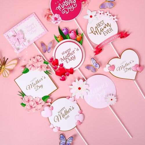Happy Mothers Day Cake Topper Mom Birthday Decoration Bride Party Rose Flowers Heart Butterfly Cupcake Baking Decor DIY Flag