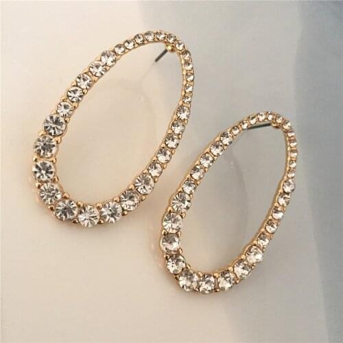 High Quality Luxury Women Drop Earrings Gold Color Alloy Clear Stone Paving Oval Shape Drop Earrings for Party Jewelry