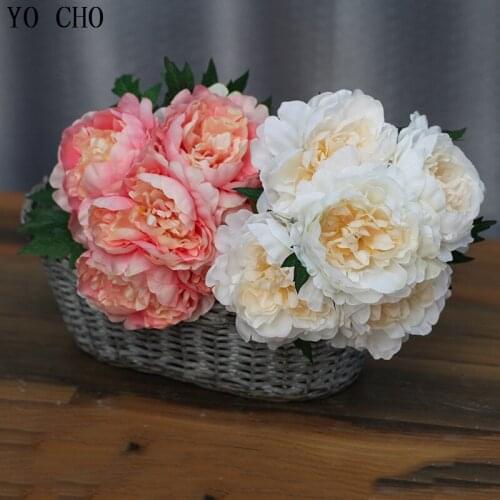 YO CHO European Style 5 Heads Peony Bunch Simulation Hand Bouquets Peonies Flower Artificial Wedding Shooting Flower White Peony