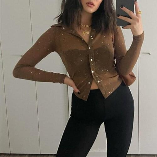 Women Sexy Sheer Mesh Perspective Blouse Club Beach Summer Long Sleeve Lapel Shirt Top Shiny Single Breasted Blusa Street Female