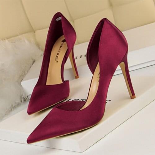 For New satin high-heeled satin shallow mouth pointed side hollow sexy thin single shoes female high-heeled shoes