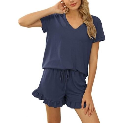1 Set Summer Tracksuit Women Casual Cotton Blend Solid Color Drawstring Two-piece V Neck Short Sleeve T-shirt Shorts Set Women