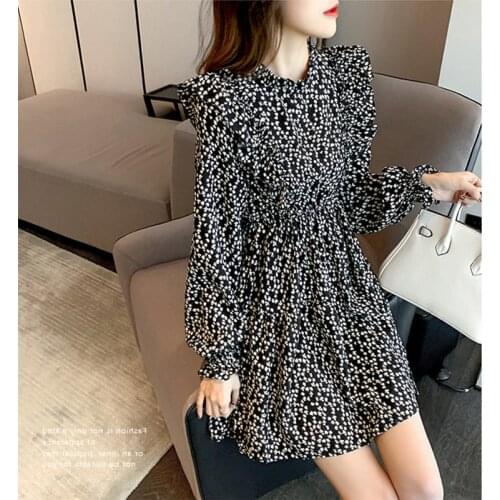 Printed Floral A-line Short Dress Women Spring Autumn Long Sleeve Ruffles Dress Women