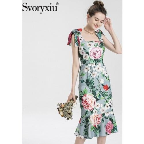 Svoryxiu Runway Designer Summer Women Knee-Length Dress Sexy Sling Slim Rose Print High Waist Ruffles Hem Elegant A-Line Dresses