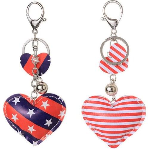 Stars and Stripes Print PU Leather Love Heart Keychain Silver Color Clasp New Pave Star Independence Day Key Chain Bag Pendant
