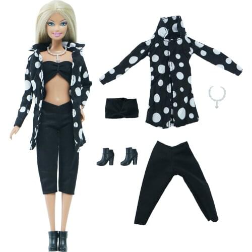 BJDBUS 1 Set Fashion Wave Point Coat Tops Necklace High Heels Shoes Black Clothes for Barbie Doll DIY Accessories House Toys