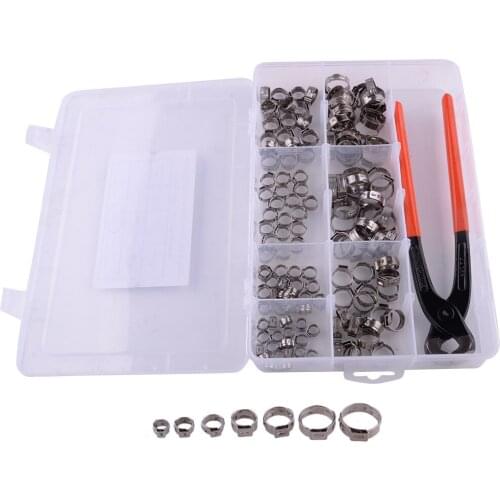 140pcs 7-size Single Ear Hose Clamps Cinch Rings Crimp + Crimping Tool Kit 304 Stainless Steel Accessories
