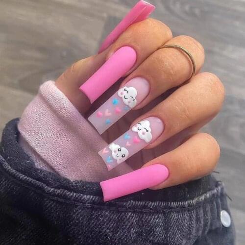 24pcs Long Cloud False Nail Tips Stiletto Ballerina Coffin Fake Nail Art Acrylic Detachable Decal Decoration with Glue