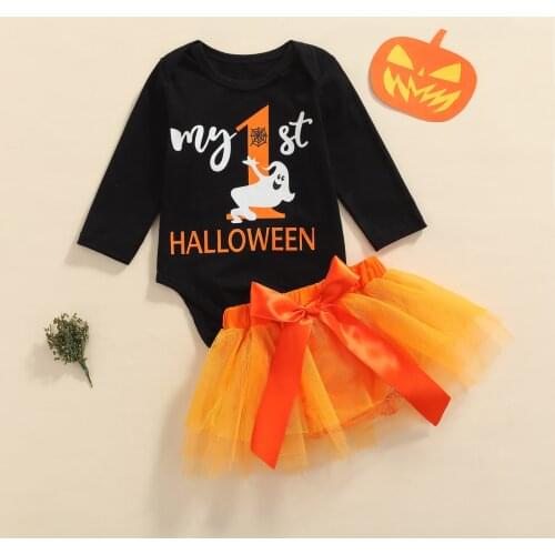 FOCUSNORM 2pcs Newborn Baby Girls Boys Halloween Clothes Sets 0-12M Letter Printed Long Sleeve Romper Tops Lace Tutu Shorts