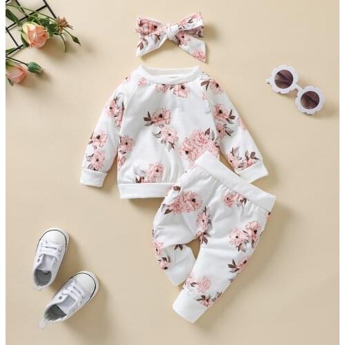 3pcs Autumn Spring Baby Girls Boys Clothes Sets 0-24M Flowers Printed Long Sleeve Sweatshirt Tops Pants Headband Outfits