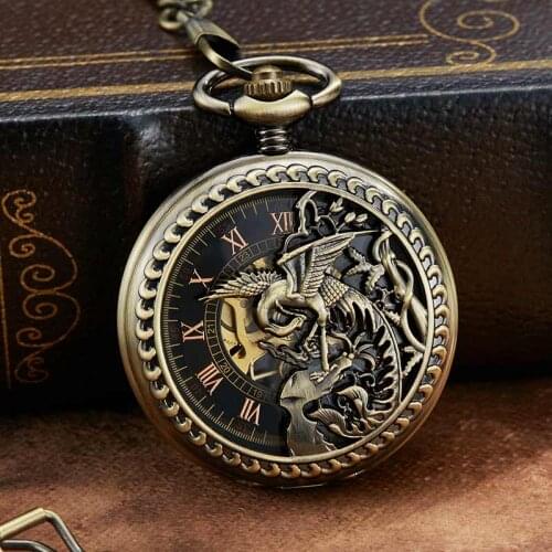 Bronze Hollow Unique Dragon Phoenix Sculpture Mechanical Pocket Watch Retro Luckly Symbol Roman Skeleton Mechanical Pocket Watch
