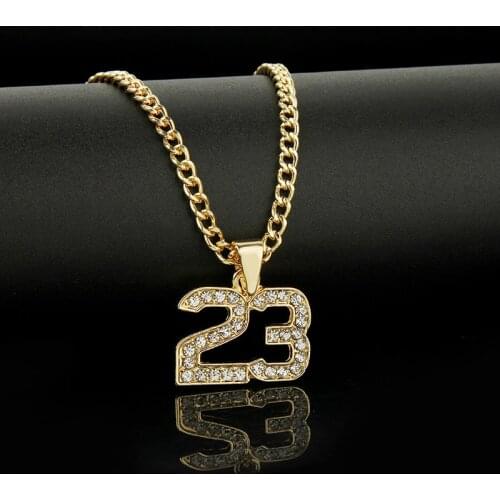 New Arrival Crystal Hip Hop Basketball Legend Number 23 Necklaces & Pendants Bling Gold Cuban Chain Necklace Jewelry For Men