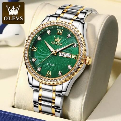 OLEVS New Mens Gold Diamond Quartz Movement Business Waterproof Date Day Watches Stainless Steel Strap Thin Dial Watch 5565
