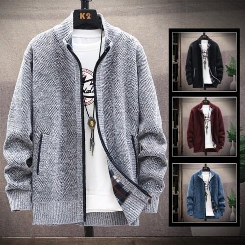Mens sweater solid color zipper cardigan autumn/winter fleece catch thick warm collar jacket artificial fur wool coat