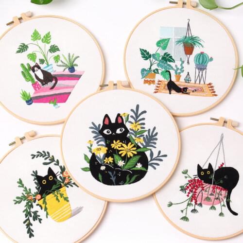 Cat Stamped DIY Embroidery Kit with Hoop for Beginner Needlework Cross Stitch Set Sewing Art Painting Handmade Craft Home Decor