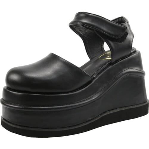 OLOMLB Lolita Belt Round Toe Gothic Punk Pumps Shoes Platform Wedge High 12CM Heel Creepers Japanese Harajuku Dark JK Ladies