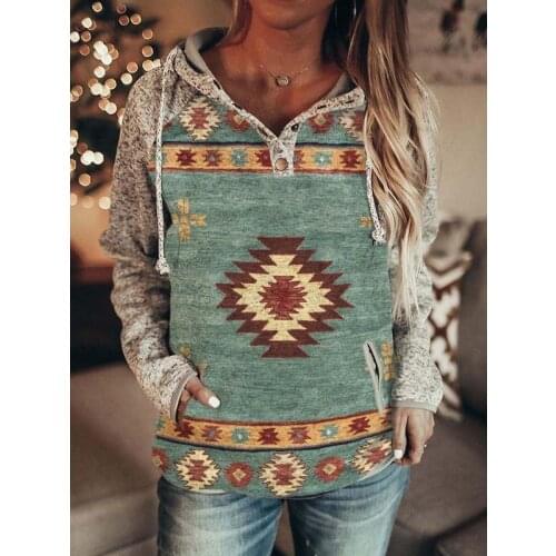 2021 Autumn Collection Women Clothing Tops Hoodies Indie Folk Print Pocket Front Sweatershirt