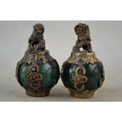 Un par de elaborado feng shui clásico chino miao plata kirin dragón Fénix incrustada con estatuas de jade verde artificia